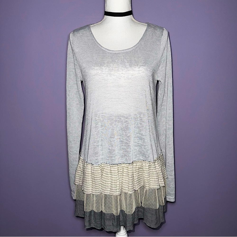 NEW Boutique Gray Knit Tiered Long Sleeve Tunic Top